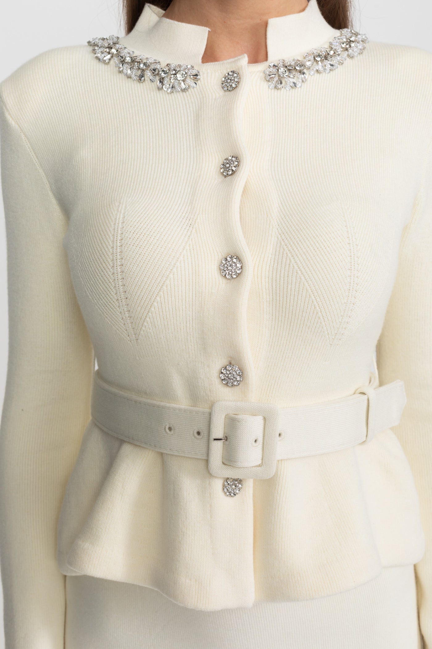 Midi Dress with Peplum Waist and Crystal Collar – Ivory