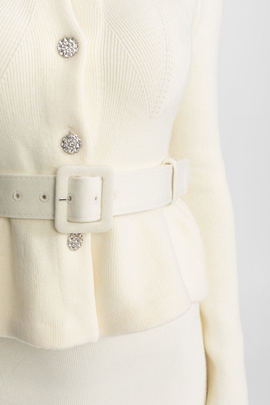 Midi Dress with Peplum Waist and Crystal Collar – Ivory