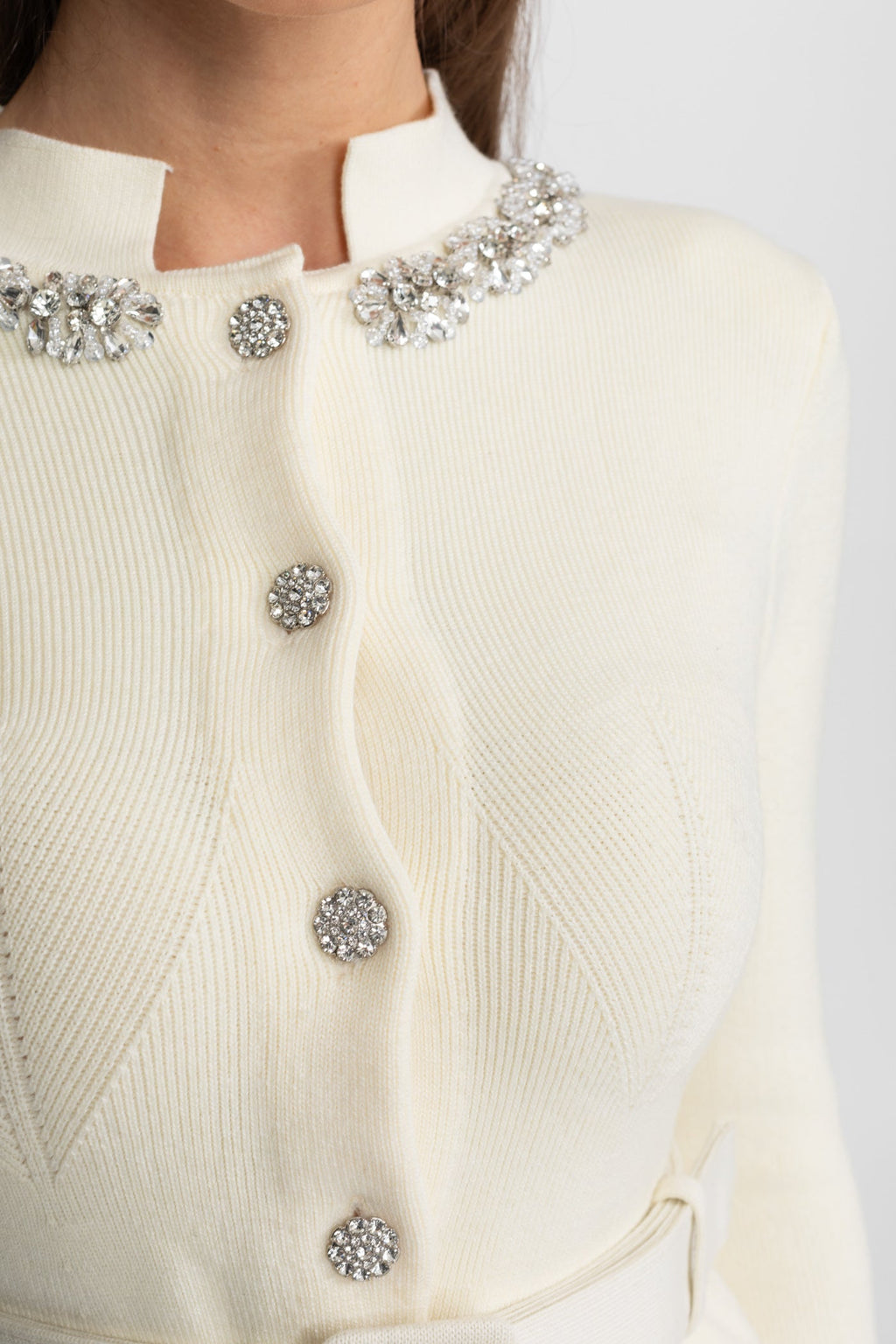 Midi Dress with Peplum Waist and Crystal Collar – Ivory