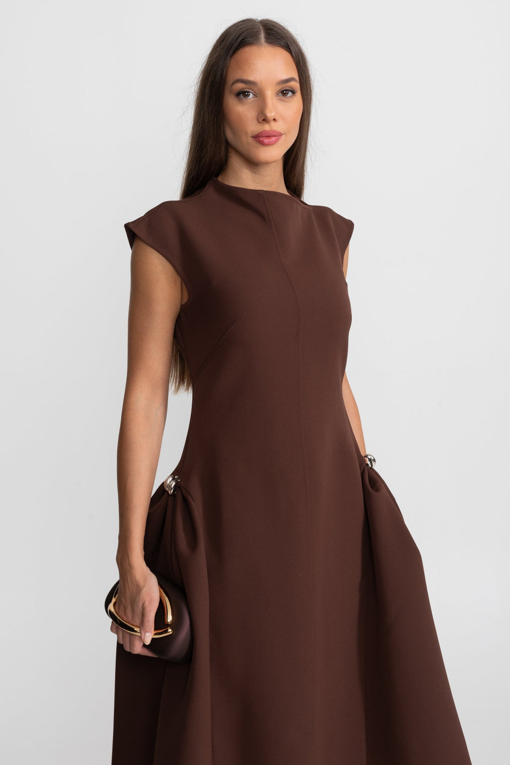 Structured Midi Dress with High-Low Hem and Metal Ring Details - Brown