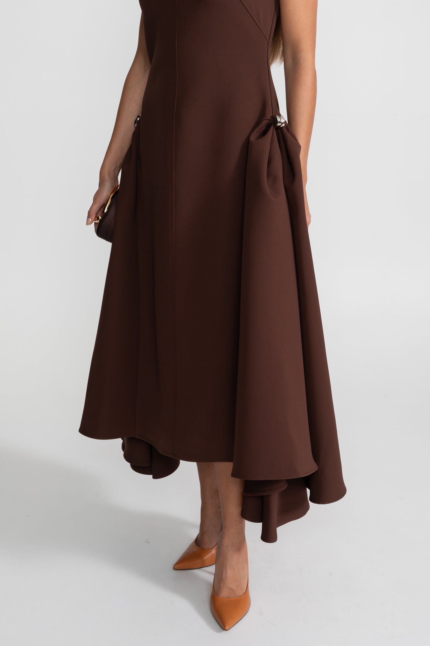 Structured Midi Dress with High-Low Hem and Metal Ring Details - Brown