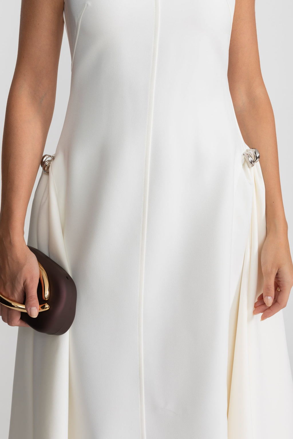 Structured Midi Dress with High-Low Hem and Metal Ring Details - White
