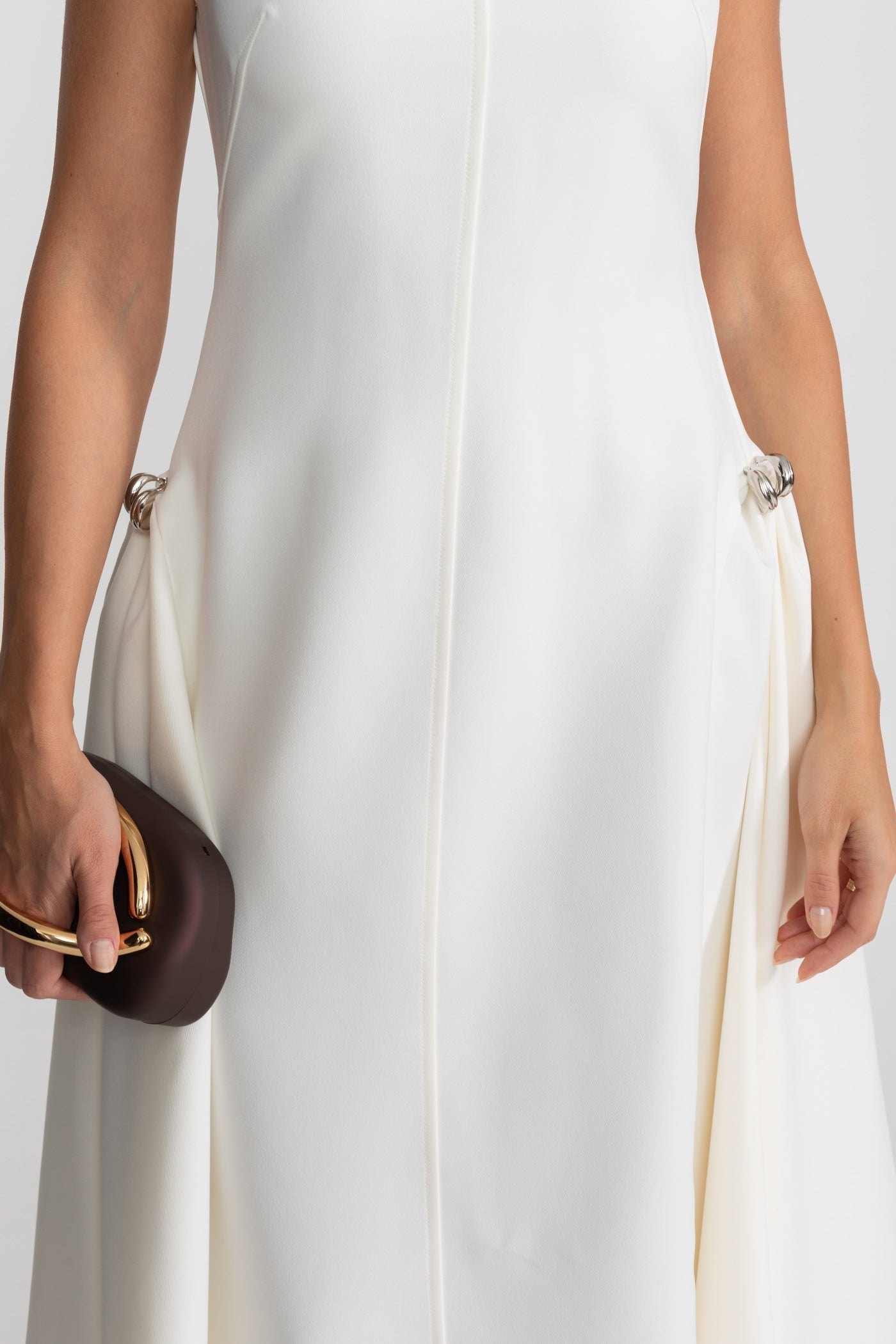 Structured Midi Dress with High-Low Hem and Metal Ring Details - White