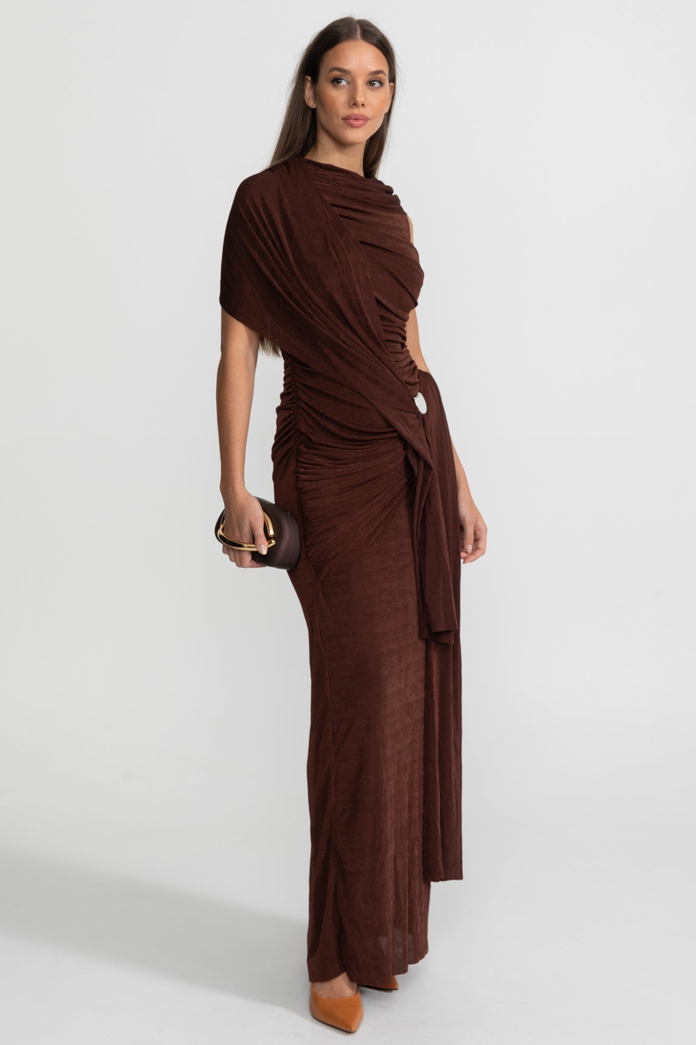 Draped Jersey Maxi Dress with Shoulder Scarf Detail - Brown