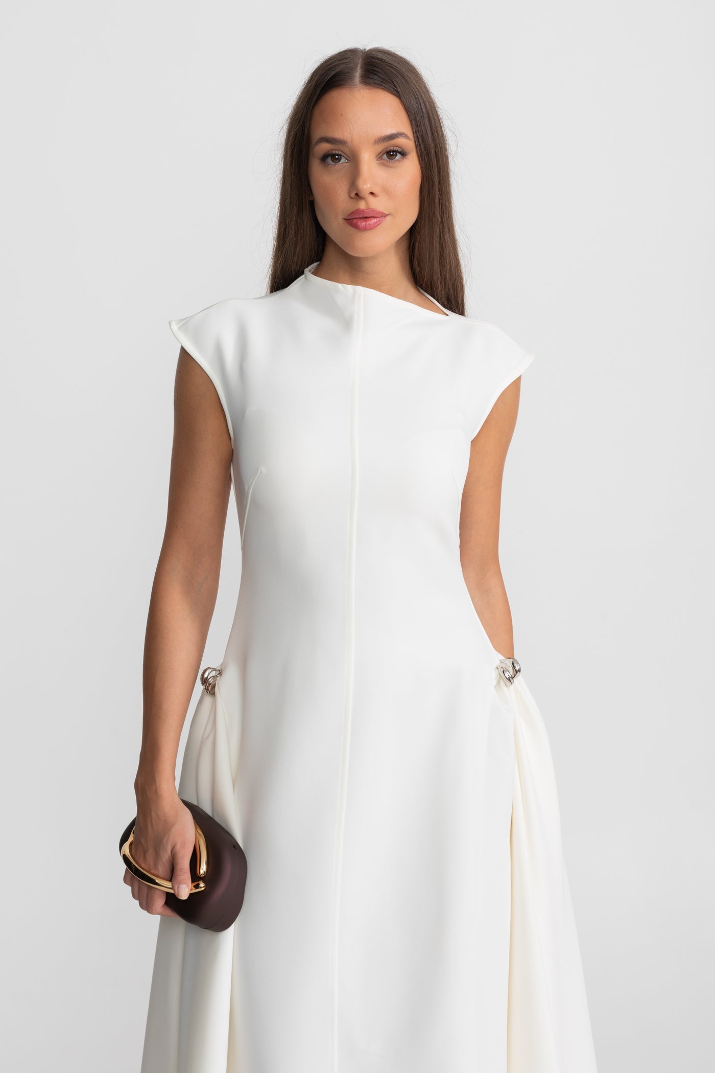 Structured Midi Dress with High-Low Hem and Metal Ring Details - White