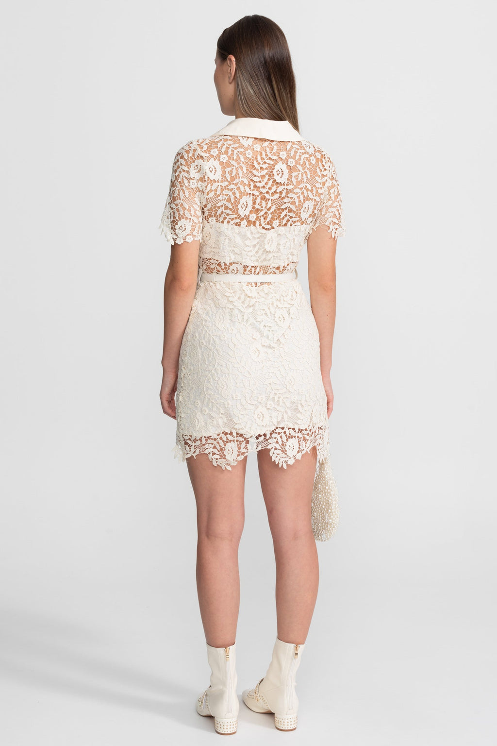 Lace Mini Dress with Contrast Collar and Jewel Buttons - Ivory