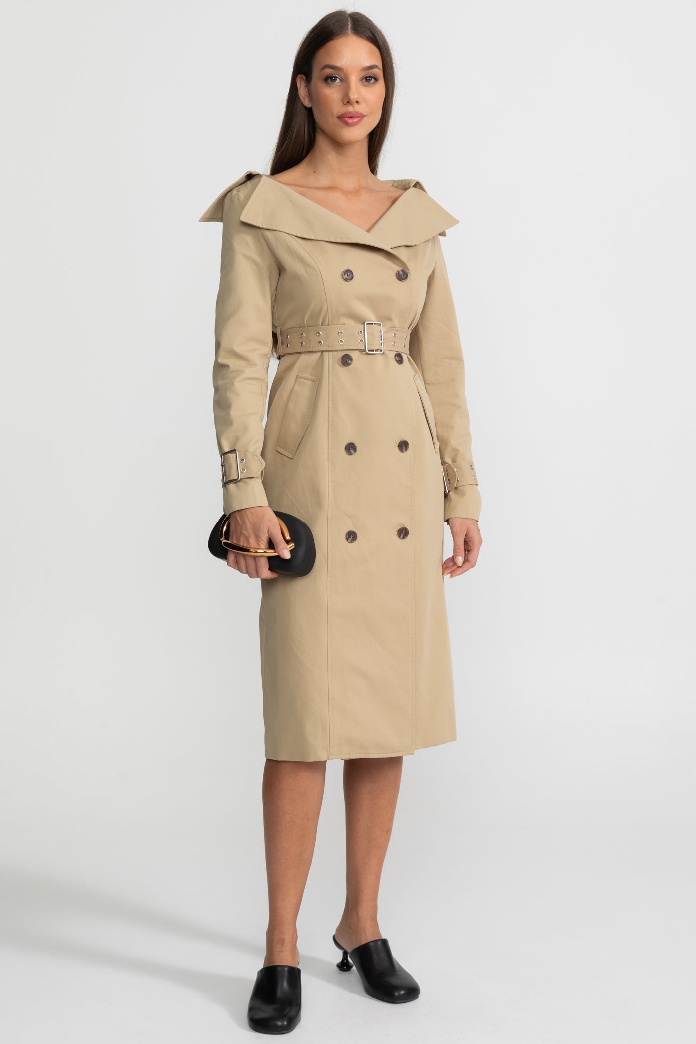 Off-Shoulder Double-Breasted Trench Coat With Belted Waist – Brown