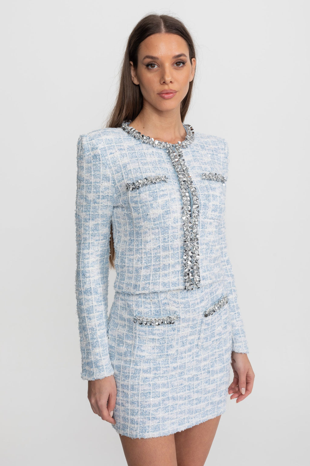 Embellished Tweed Co-Ord Set with Crystal Trim – Light Blue