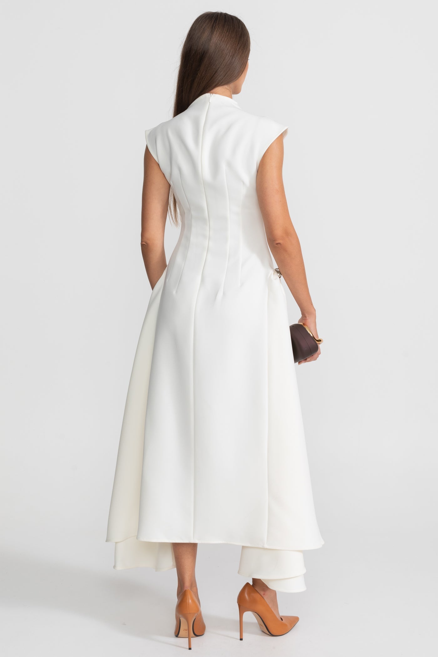 Structured Midi Dress with High-Low Hem and Metal Ring Details - White