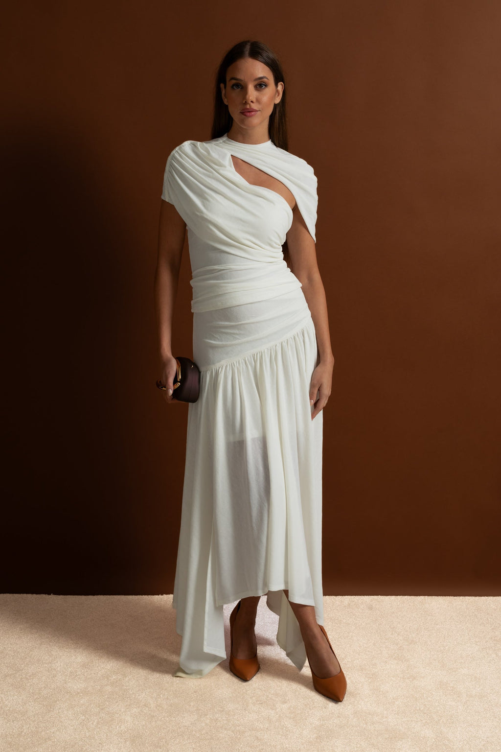 Asymmetric Jersey Co-Ord with Cutout Detail - White