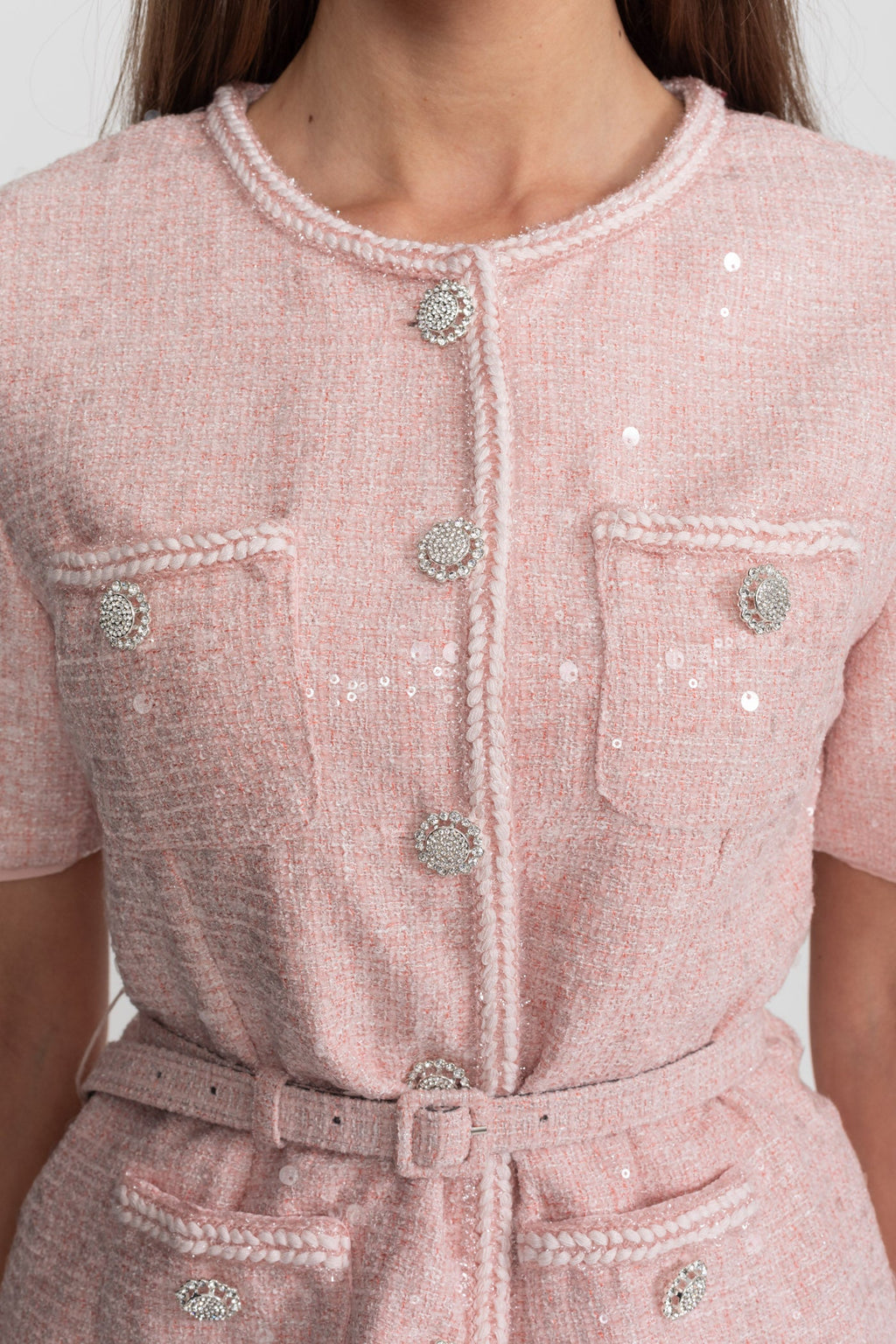 Embellished Tweed Midi Dress with Pleated Chiffon Skirt – Blush Pink