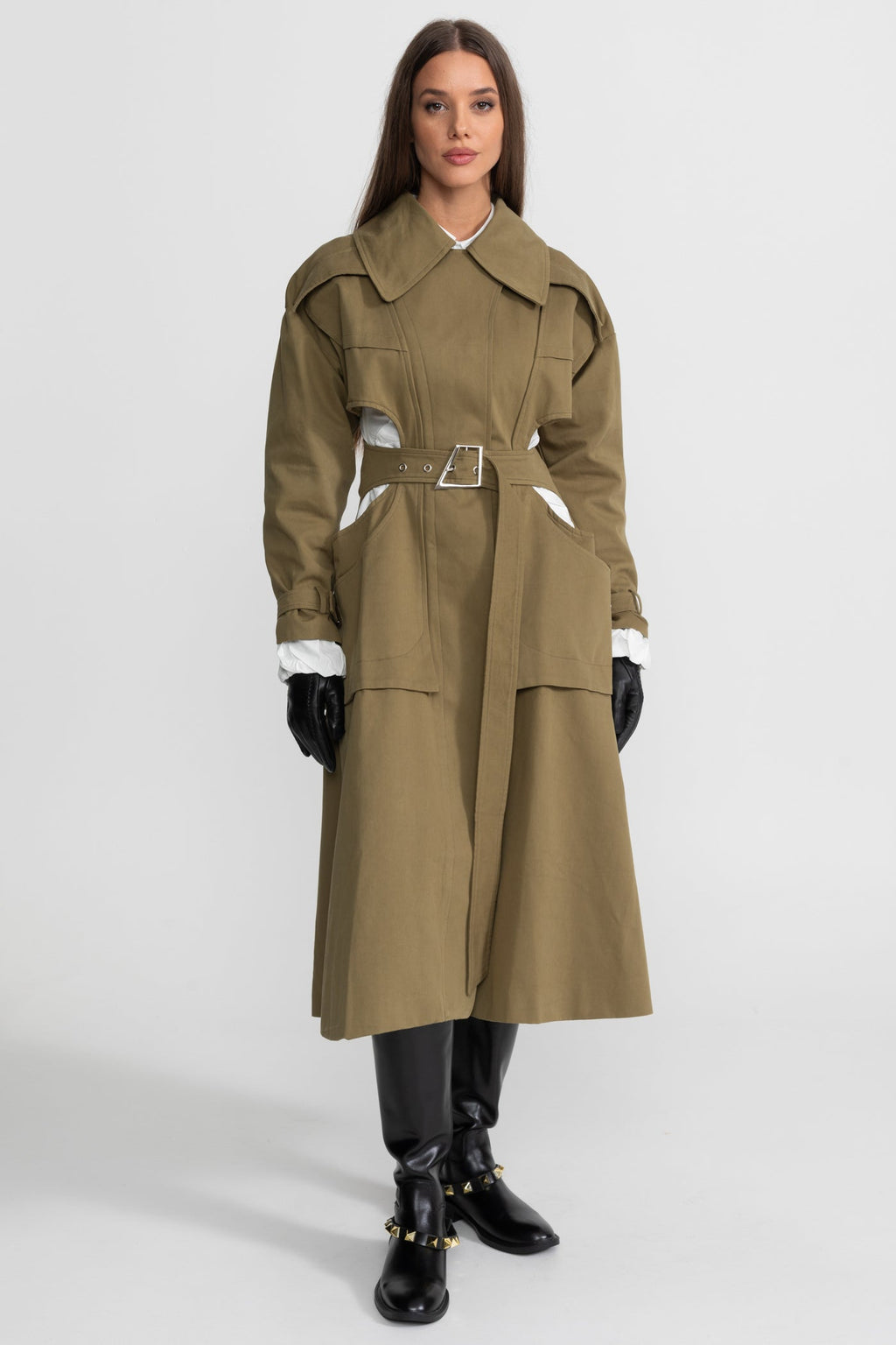 Cutout Trench Coat with Belted Waist and Utility Pockets - Khaki