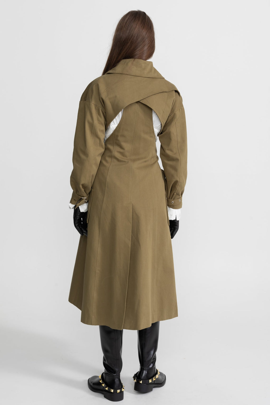 Cutout Trench Coat with Belted Waist and Utility Pockets - Khaki