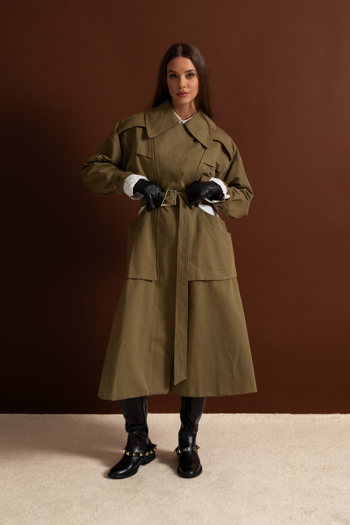 Cutout Trench Coat with Belted Waist and Utility Pockets - Khaki