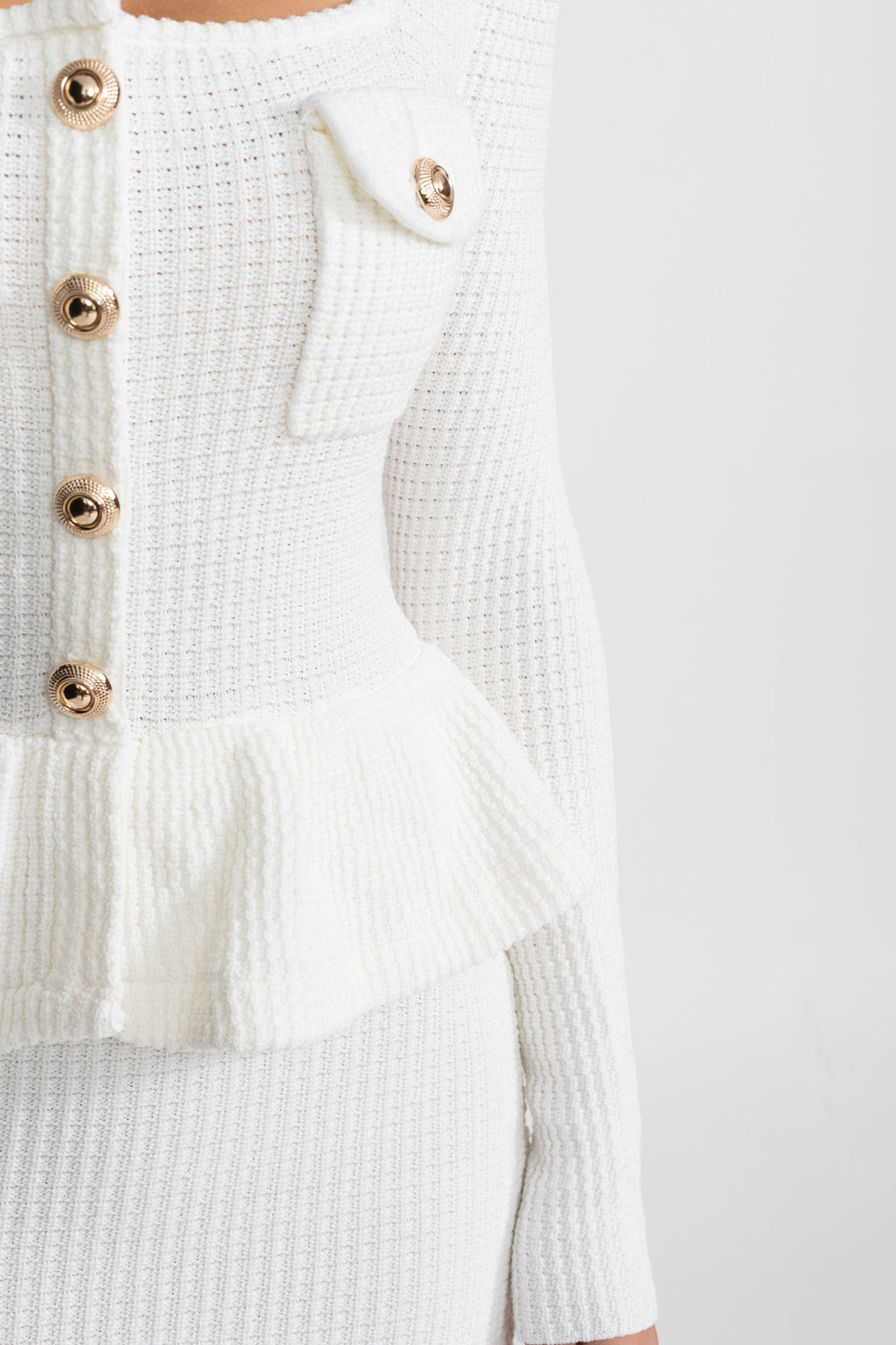 Textured Knit Dress with Peplum Waist and Gold Buttons - White