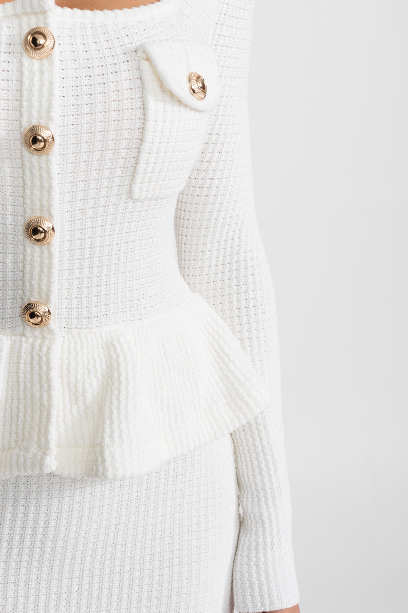 Textured Knit Dress with Peplum Waist and Gold Buttons - White