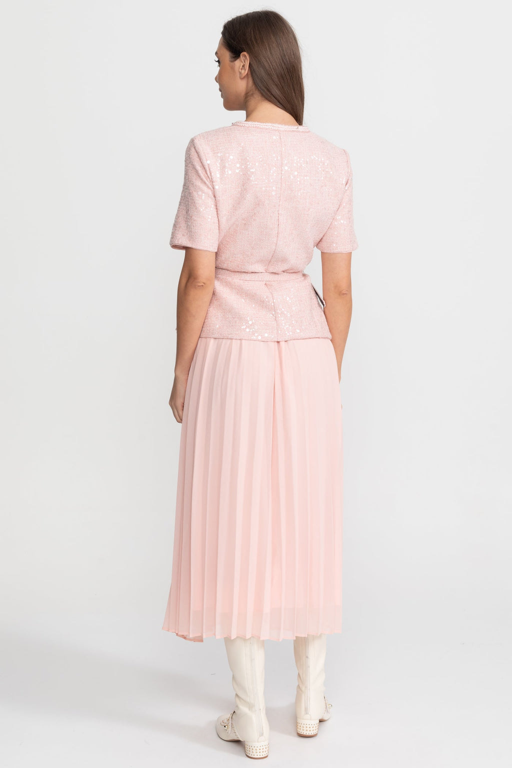 Embellished Tweed Midi Dress with Pleated Chiffon Skirt – Blush Pink