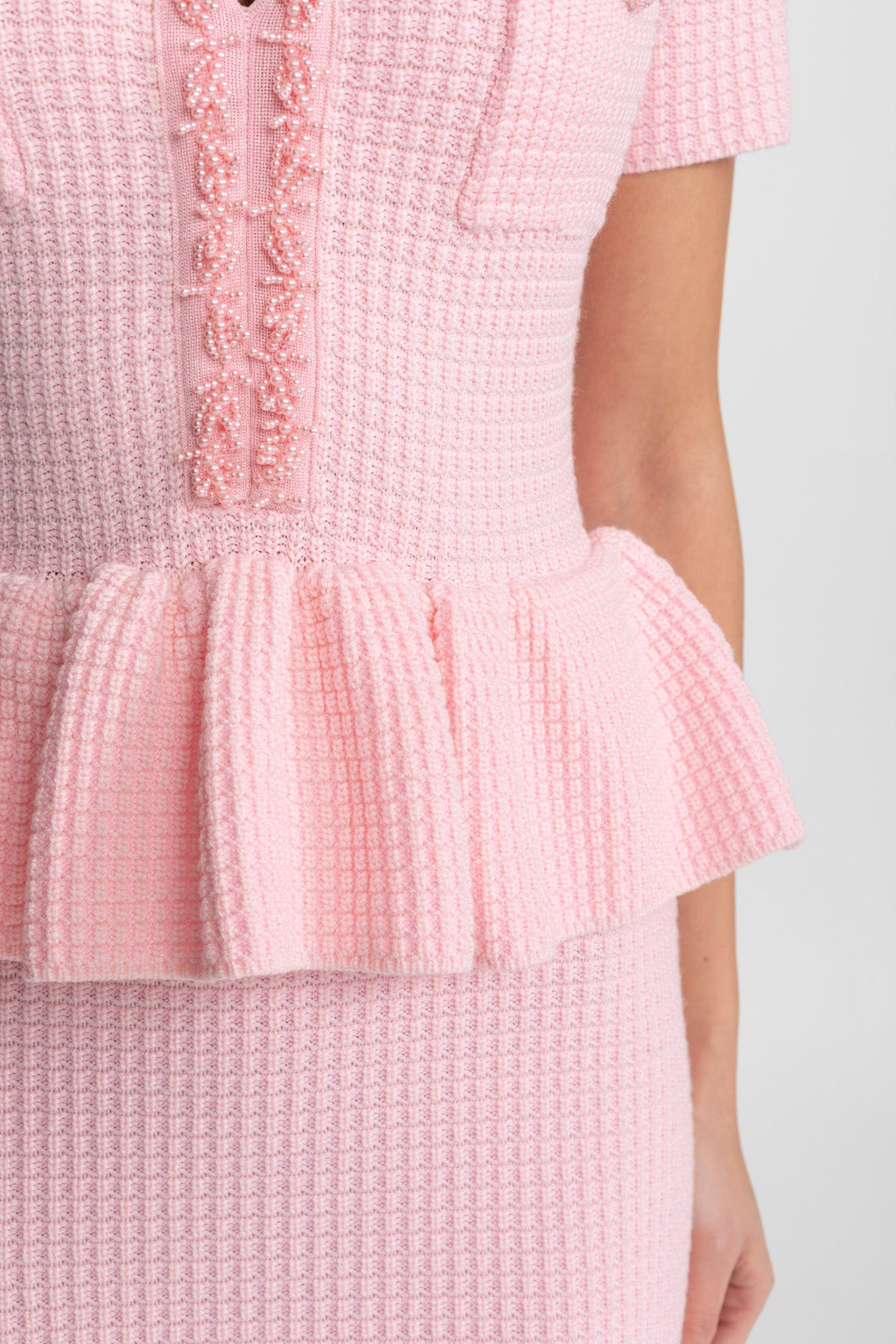 Textured Knit Midi Dress with Peplum Waist Detail – Baby Pink