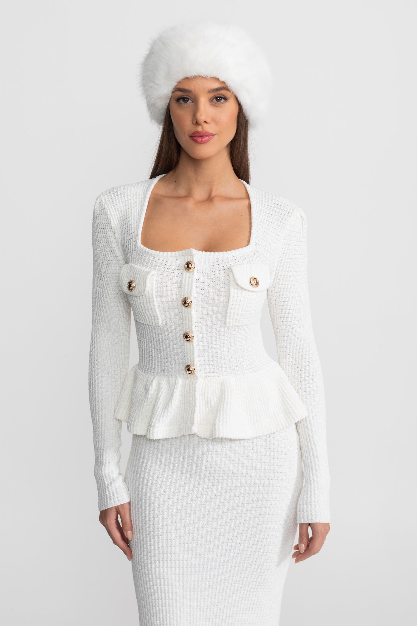 Textured Knit Dress with Peplum Waist and Gold Buttons - White