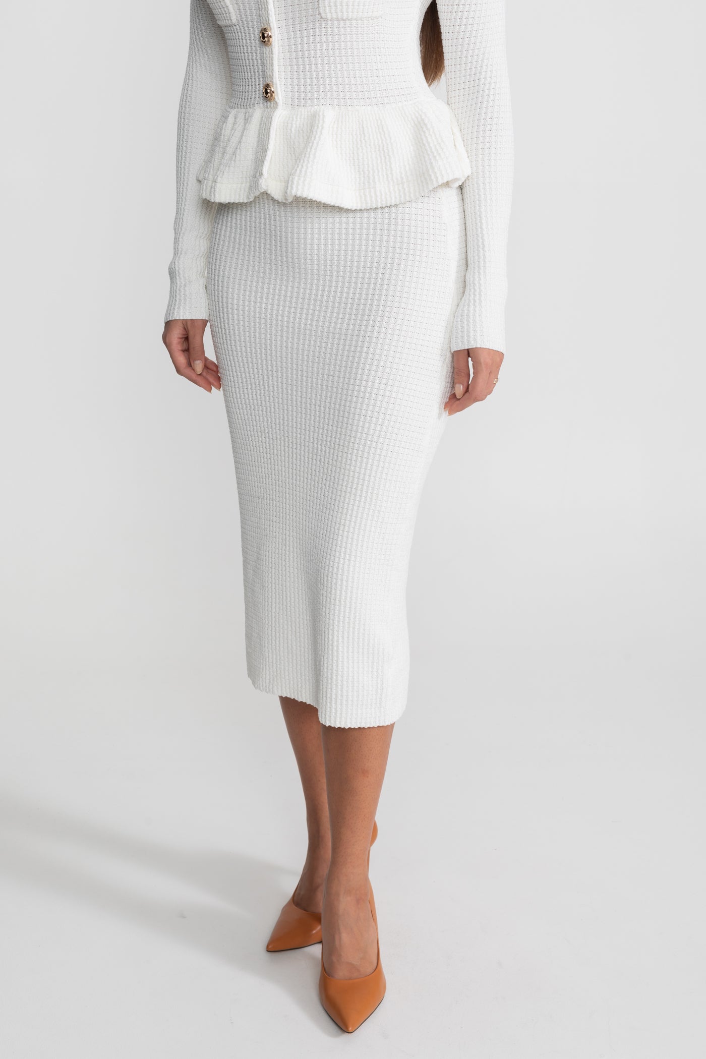 Textured Knit Dress with Peplum Waist and Gold Buttons - White