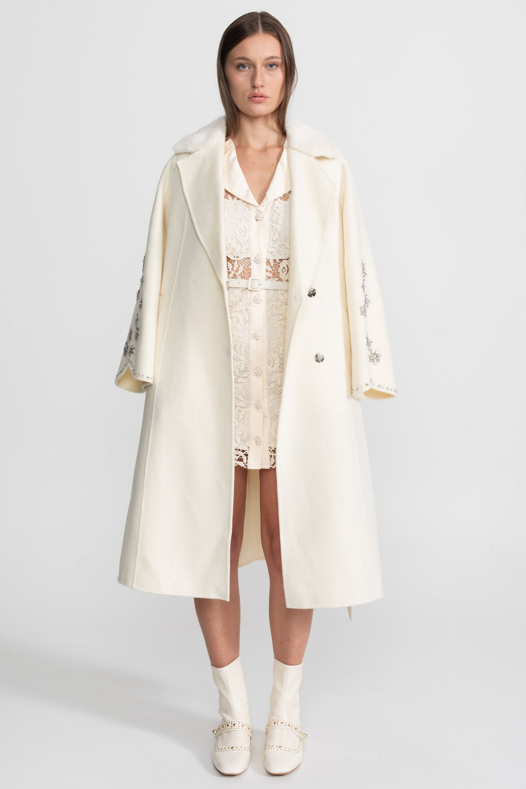 Lace Mini Dress with Contrast Collar and Jewel Buttons - Ivory