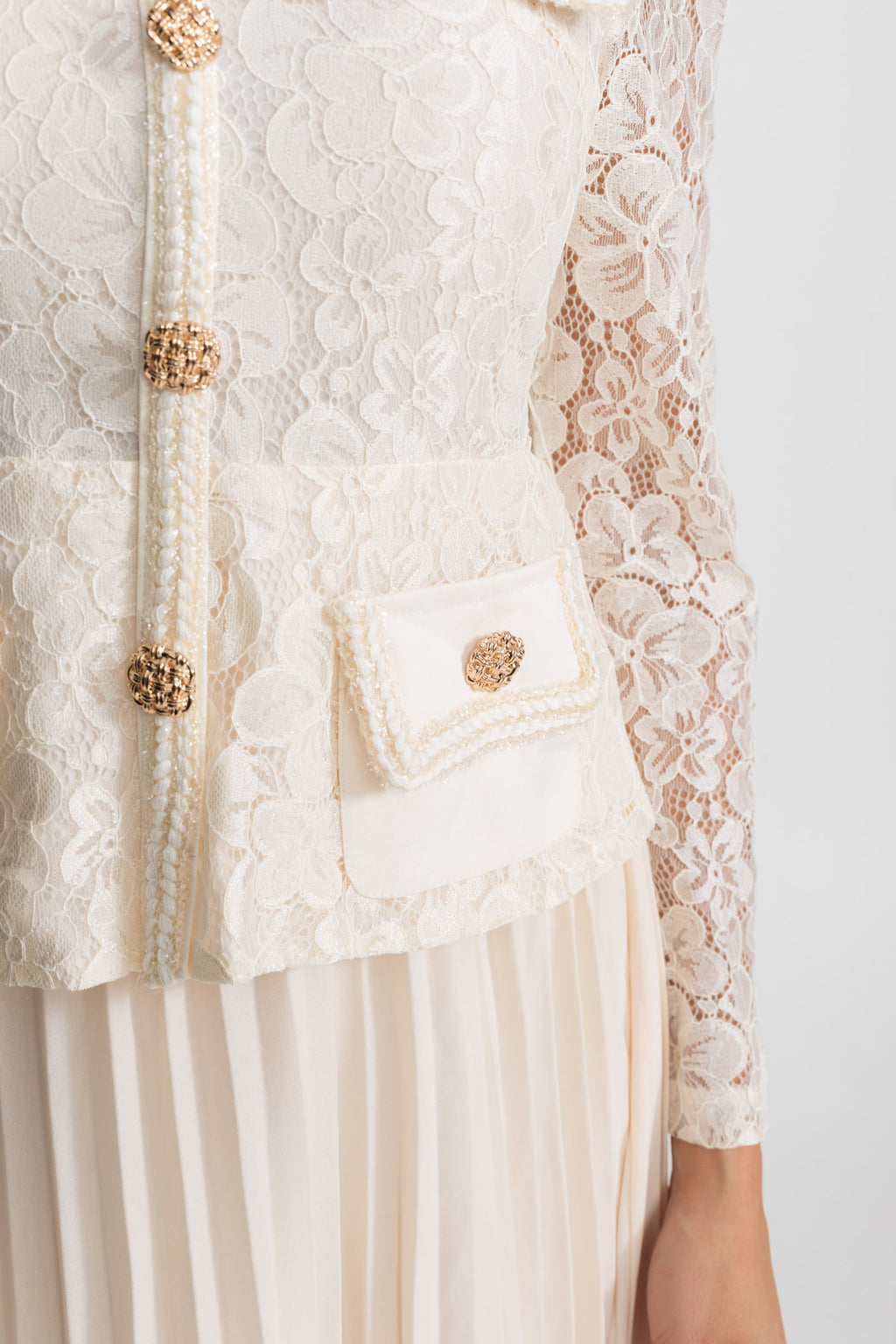 Lace and Pleated Midi Dress with Gold Button Detailing - Ivory