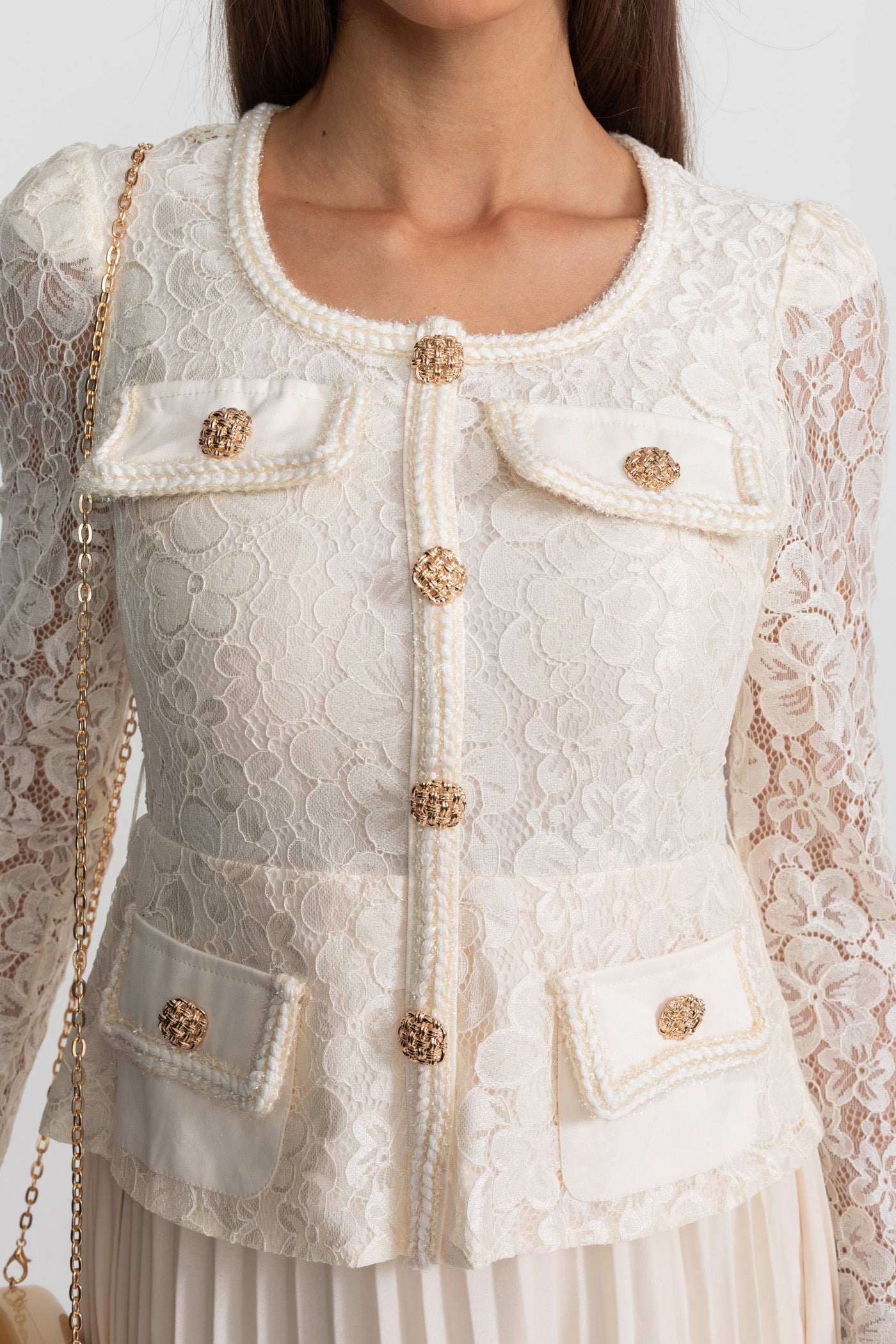 Lace and Pleated Midi Dress with Gold Button Detailing - Ivory