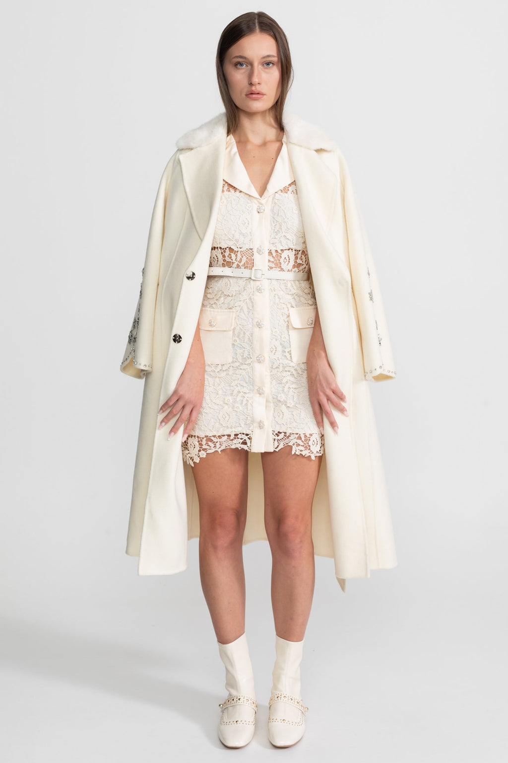 Lace Mini Dress with Contrast Collar and Jewel Buttons - Ivory
