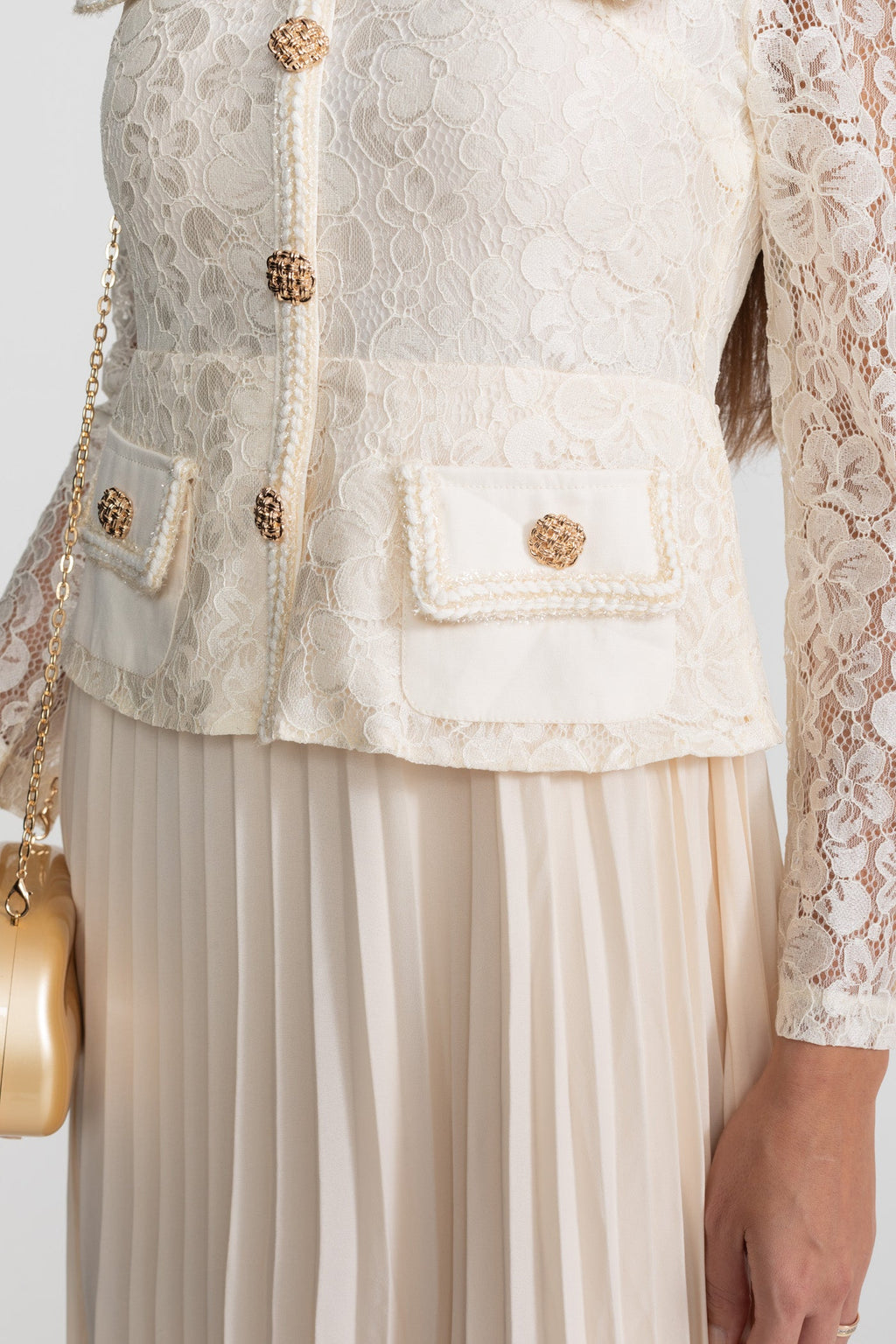 Lace and Pleated Midi Dress with Gold Button Detailing - Ivory