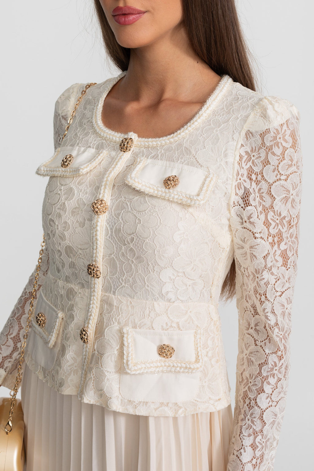 Lace and Pleated Midi Dress with Gold Button Detailing - Ivory