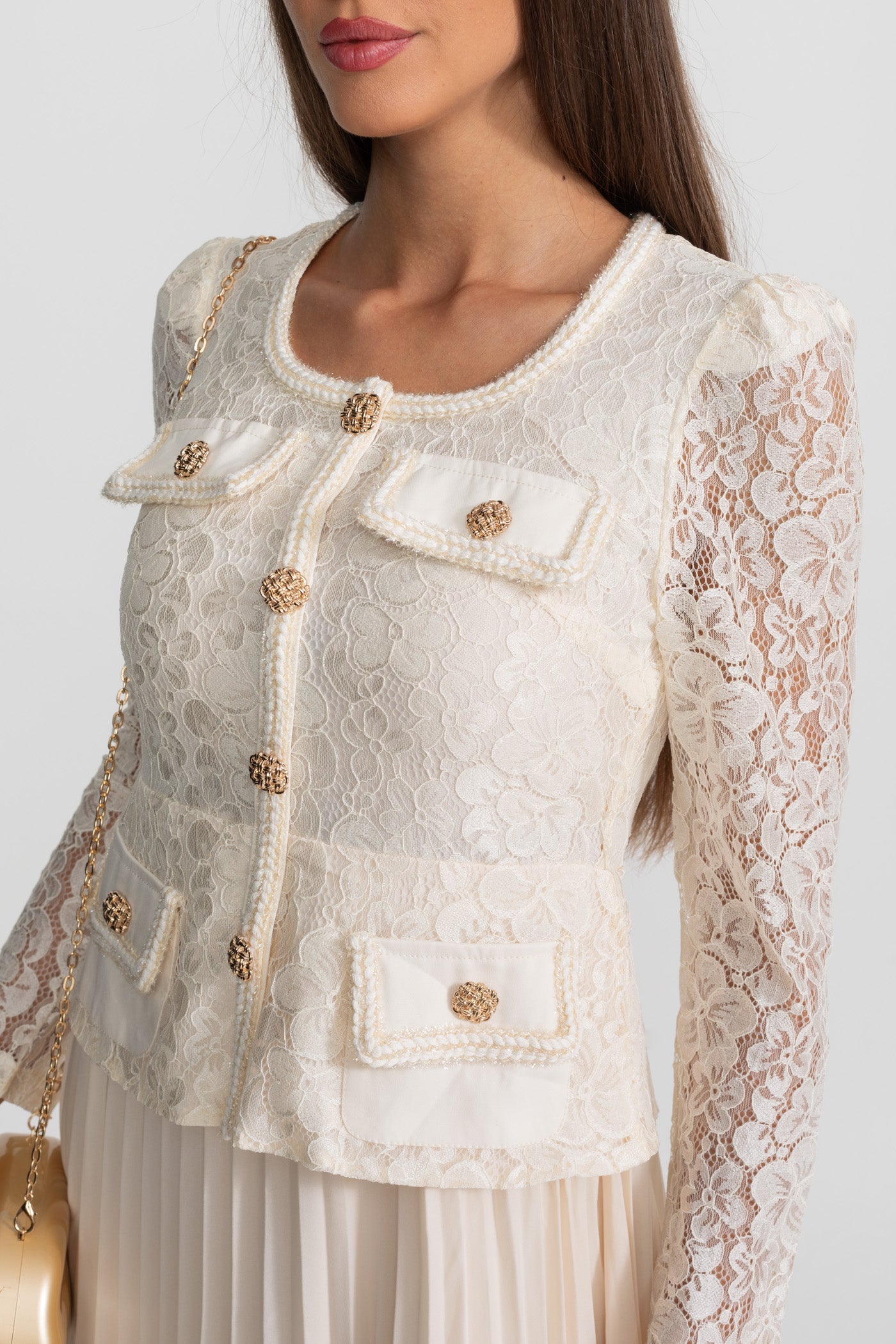 Lace and Pleated Midi Dress with Gold Button Detailing - Ivory