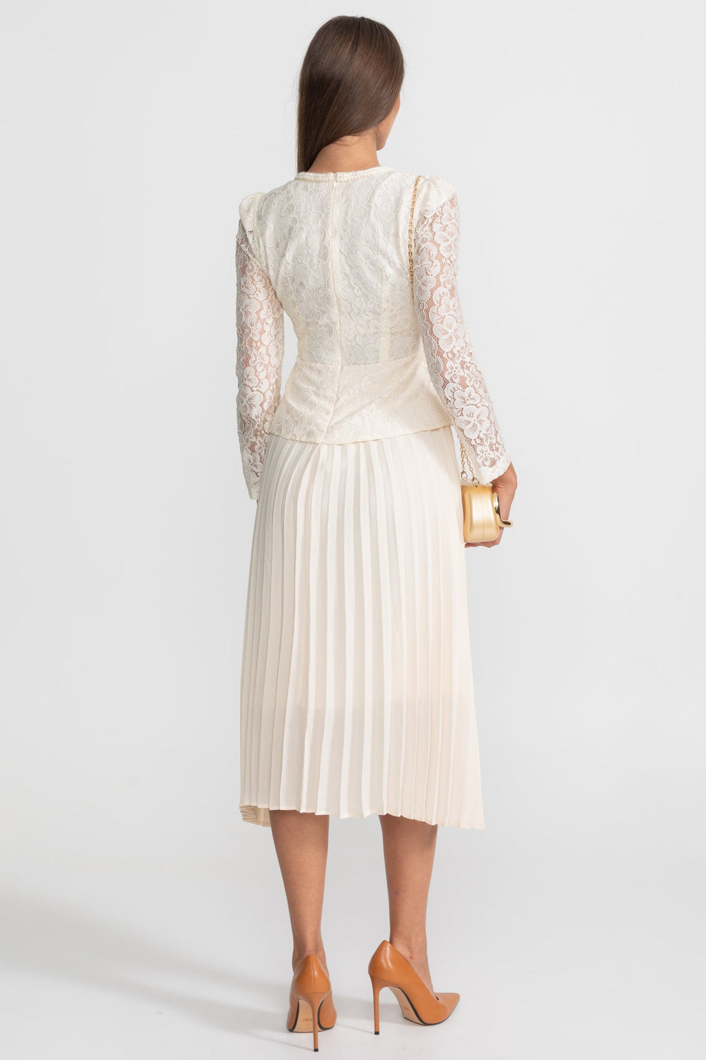 Lace and Pleated Midi Dress with Gold Button Detailing - Ivory