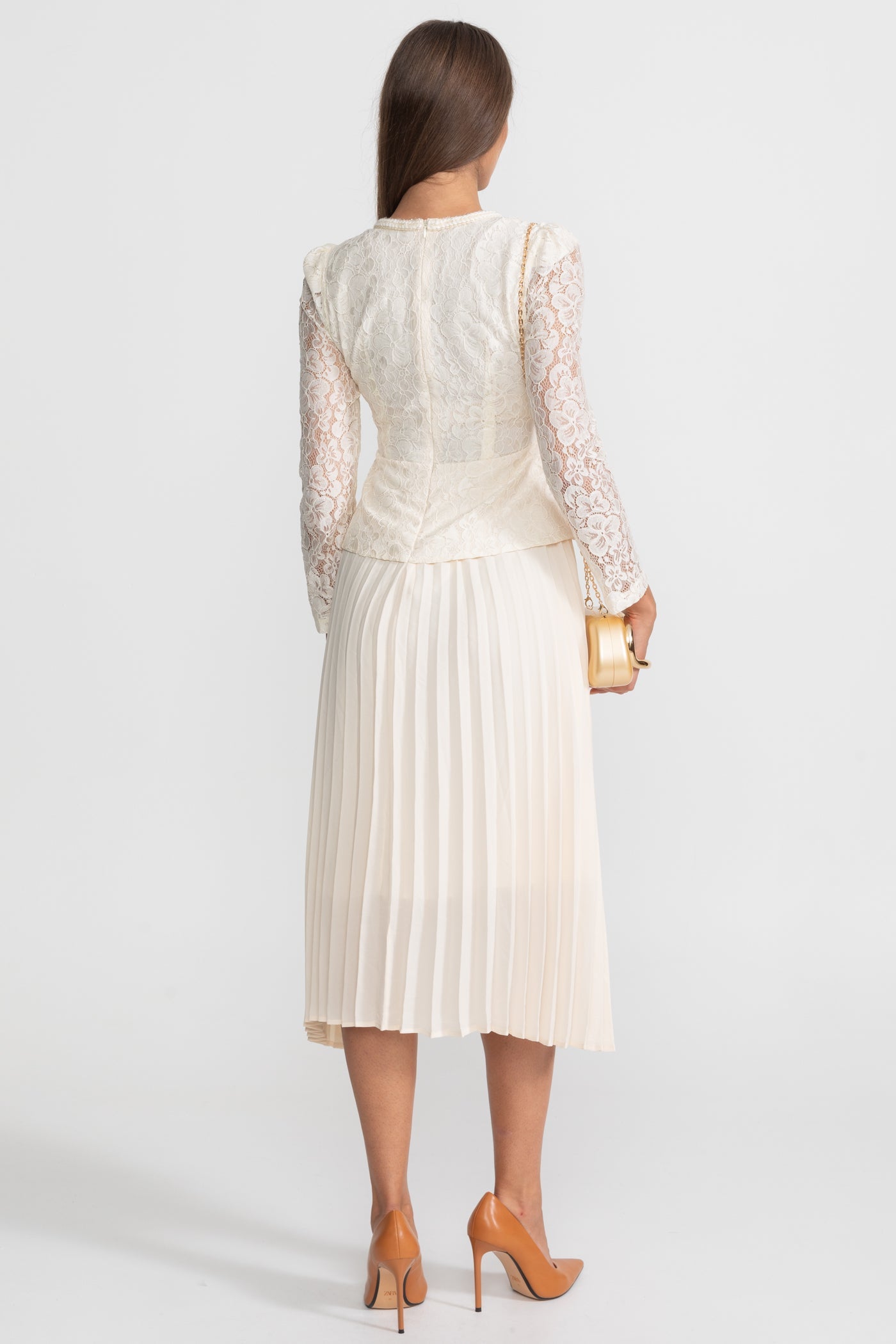 Lace and Pleated Midi Dress with Gold Button Detailing - Ivory