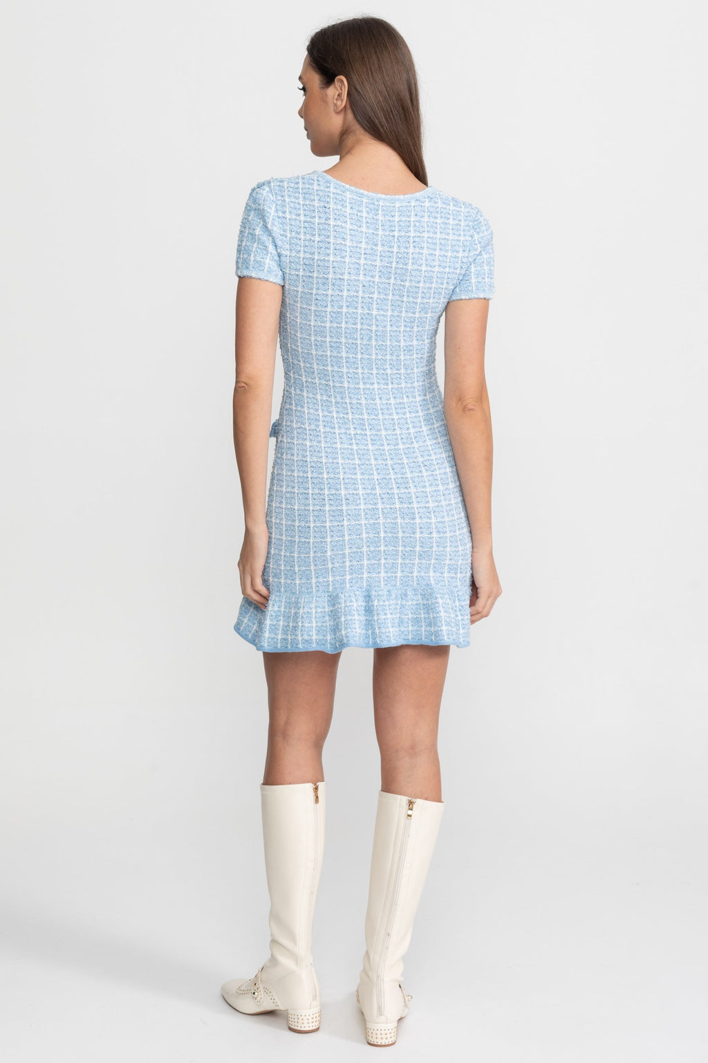 Textured Tweed Mini Dress with Bow Detail – Light Blue