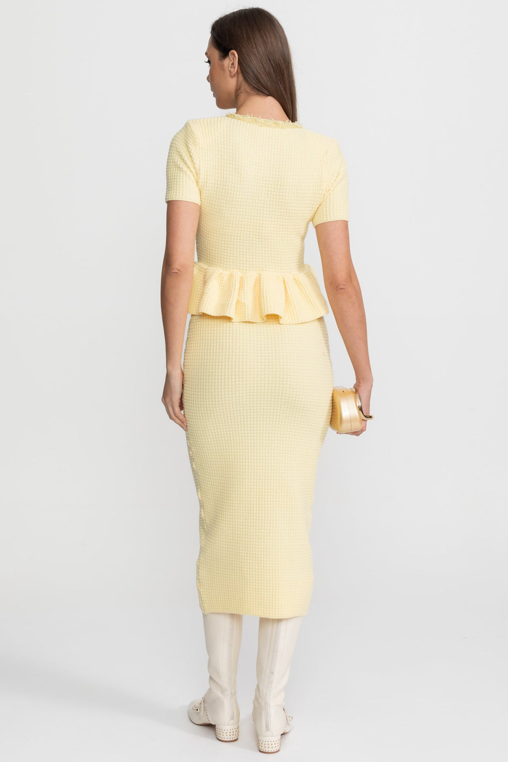 Textured Knit Midi Dress with Peplum Waist Detail – Yellow