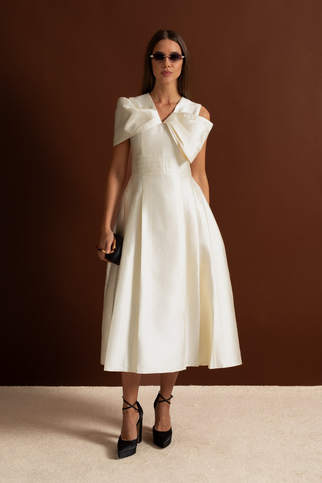 Off-Shoulder Satin Midi Dress With Draped Bow Detail