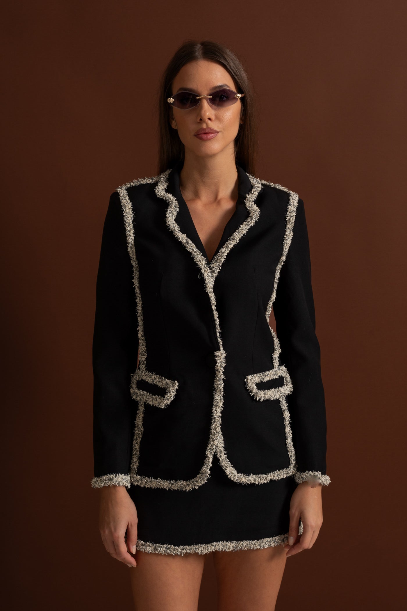 Tweed Set With Sparkling Trim Blazer And Matching Mini Skirt