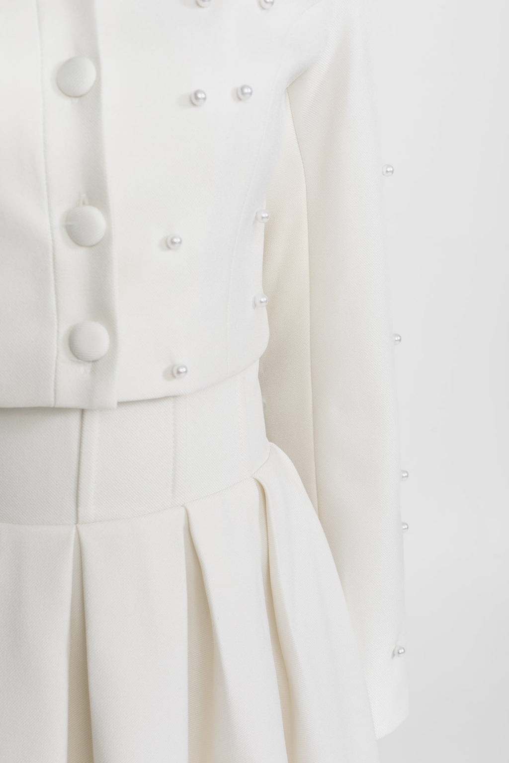 Pearl-Embellished Co-Ord Set with Cropped Jacket and Full Skirt – White