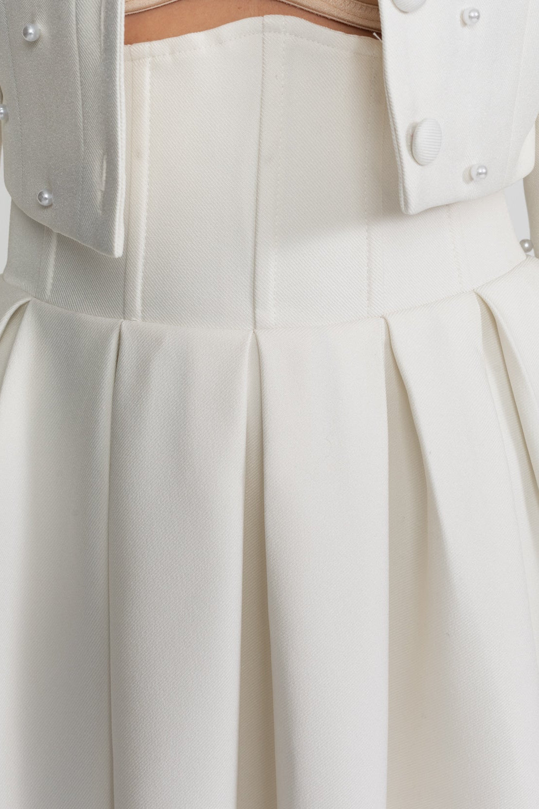 Pearl-Embellished Co-Ord Set with Cropped Jacket and Full Skirt – White