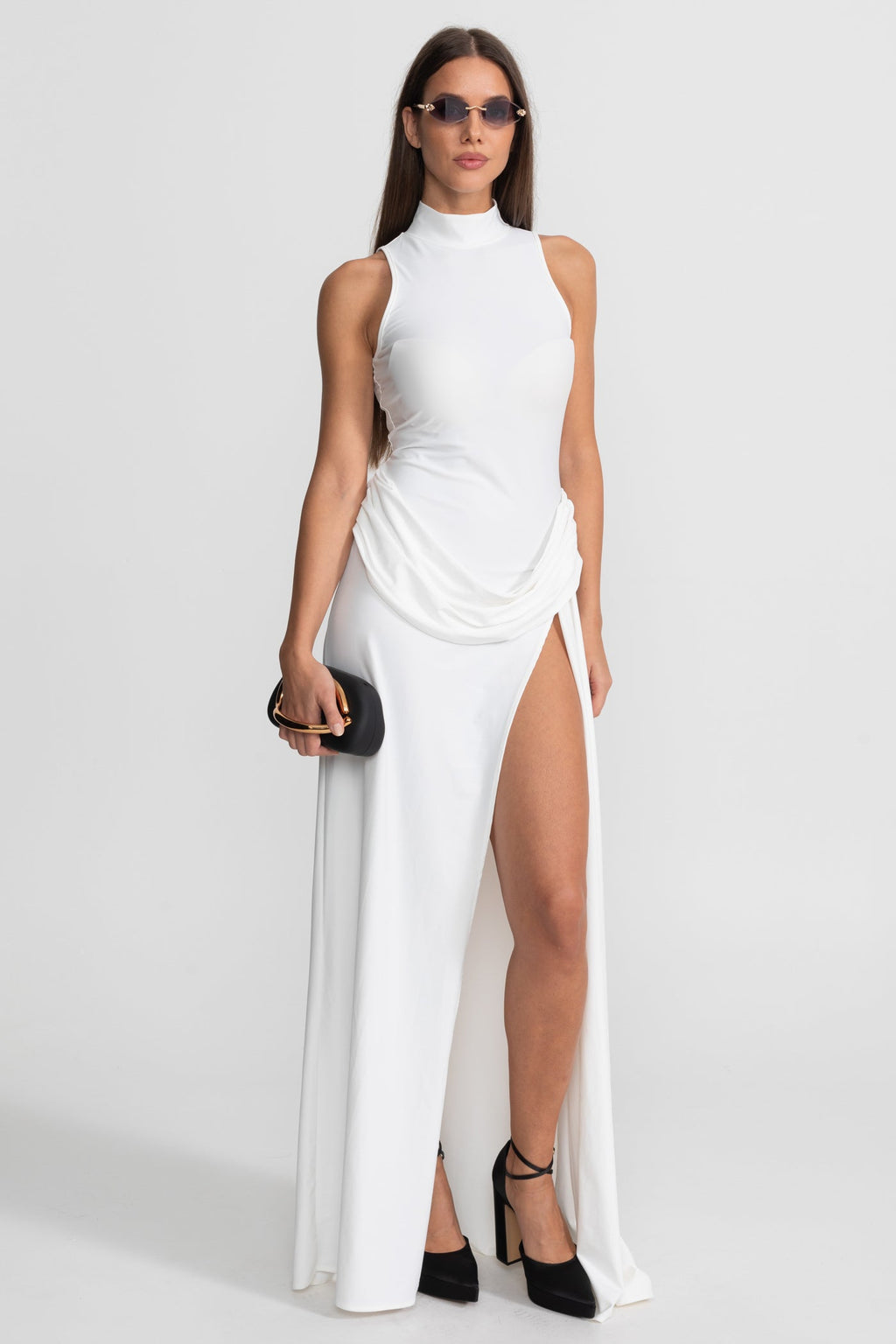 Sleeveless Maxi Dress with Draped Waist and Side Slit - White