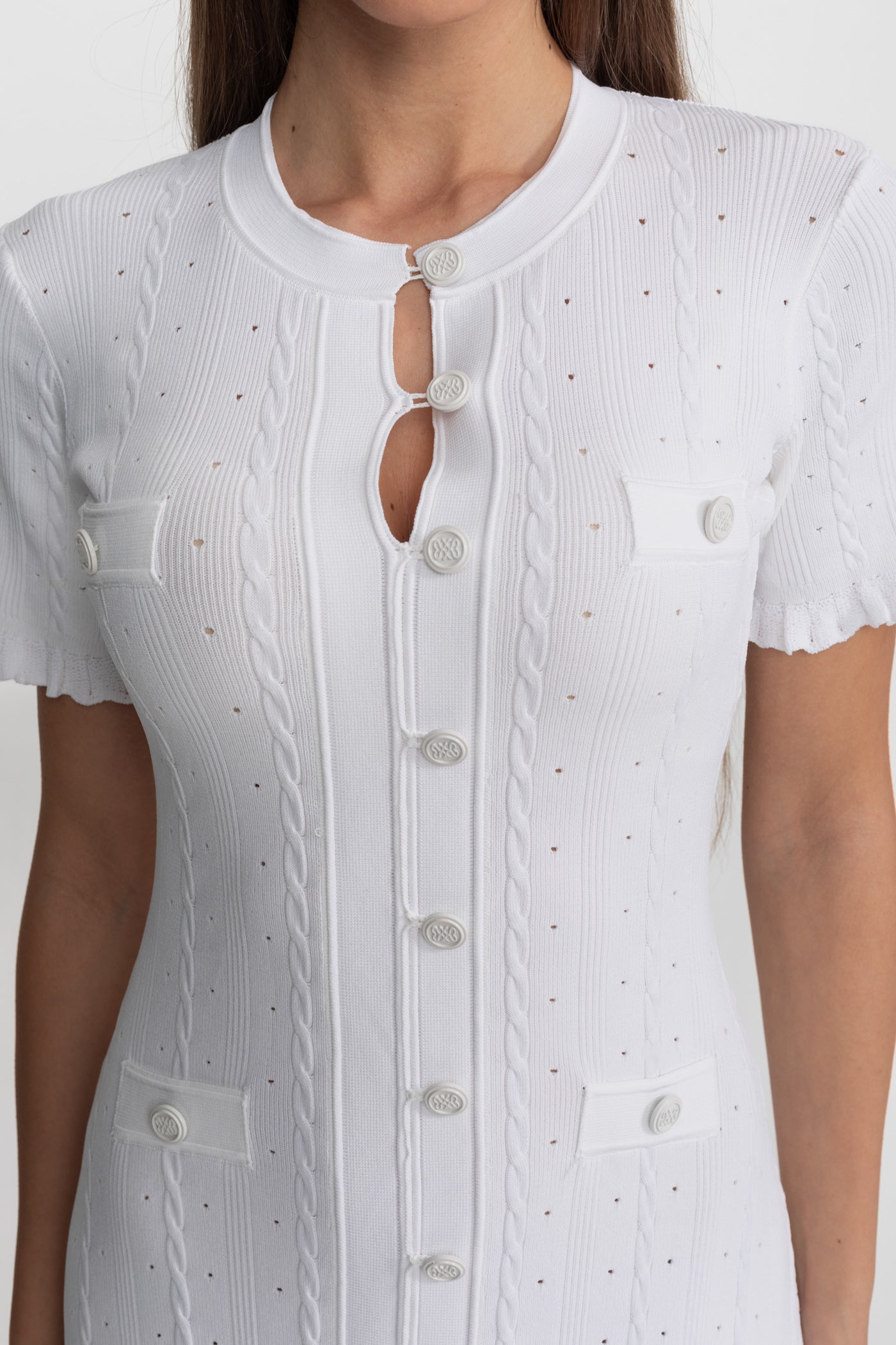 Knit Button-Front Midi Dress with Scalloped Sleeves – White