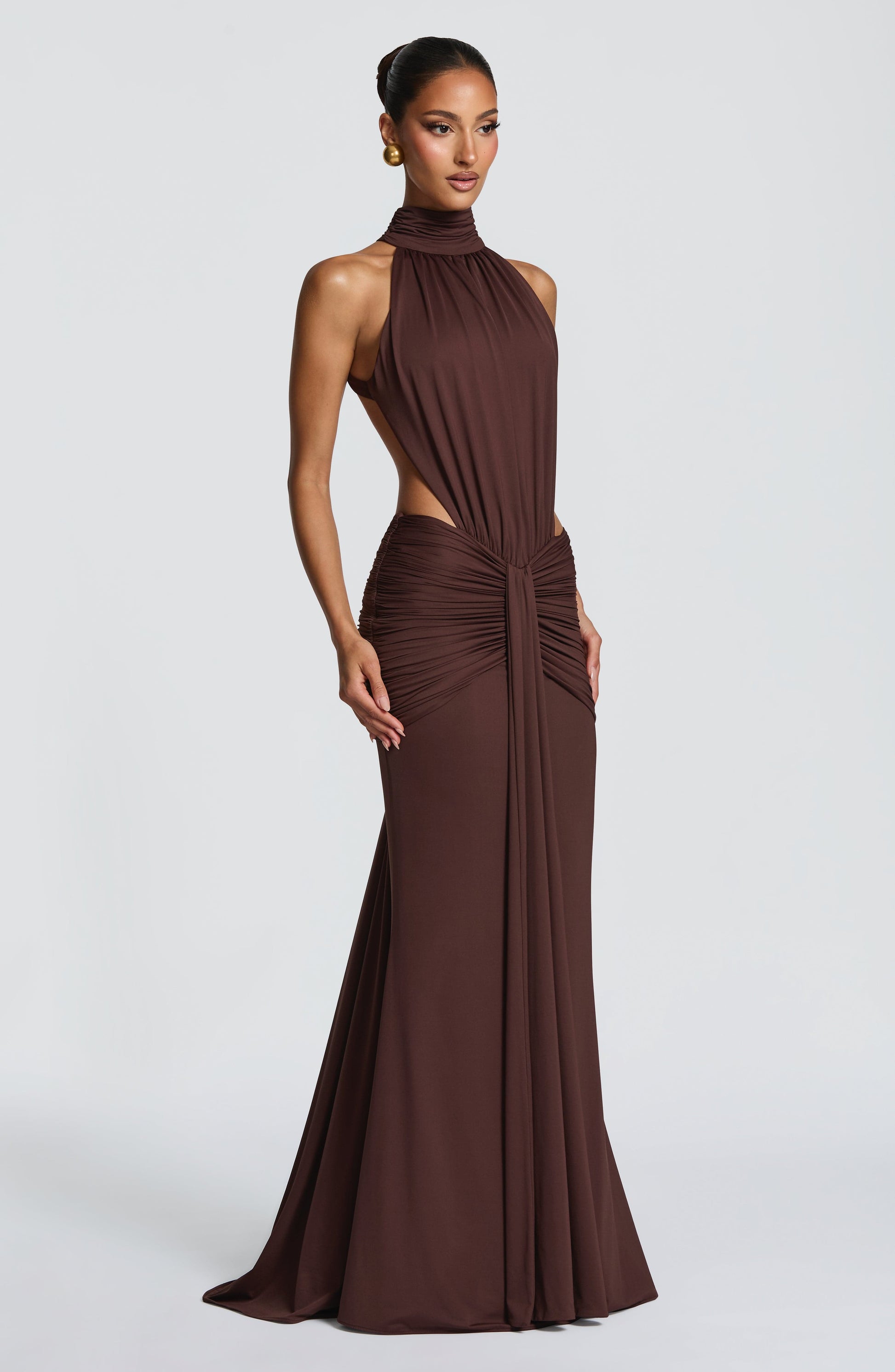 Ayla High Neck Maxi Dress - Plum Brown