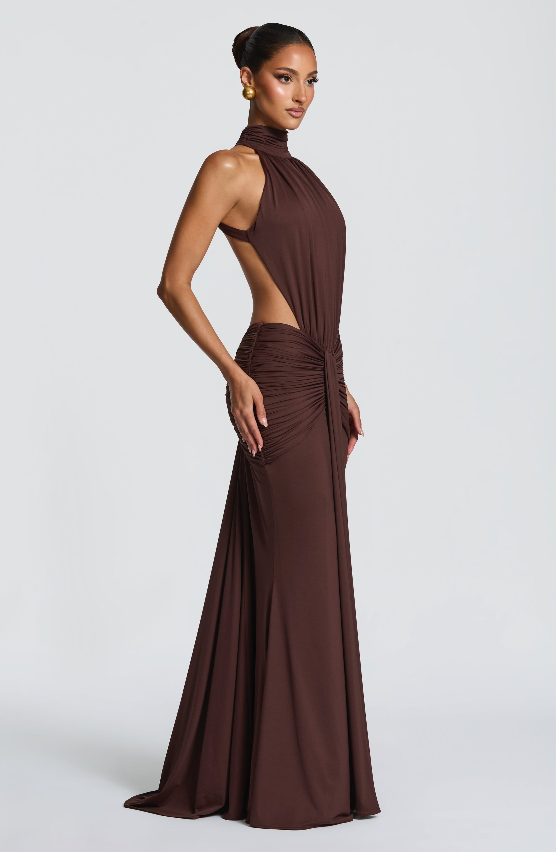 Ayla High Neck Maxi Dress - Plum Brown