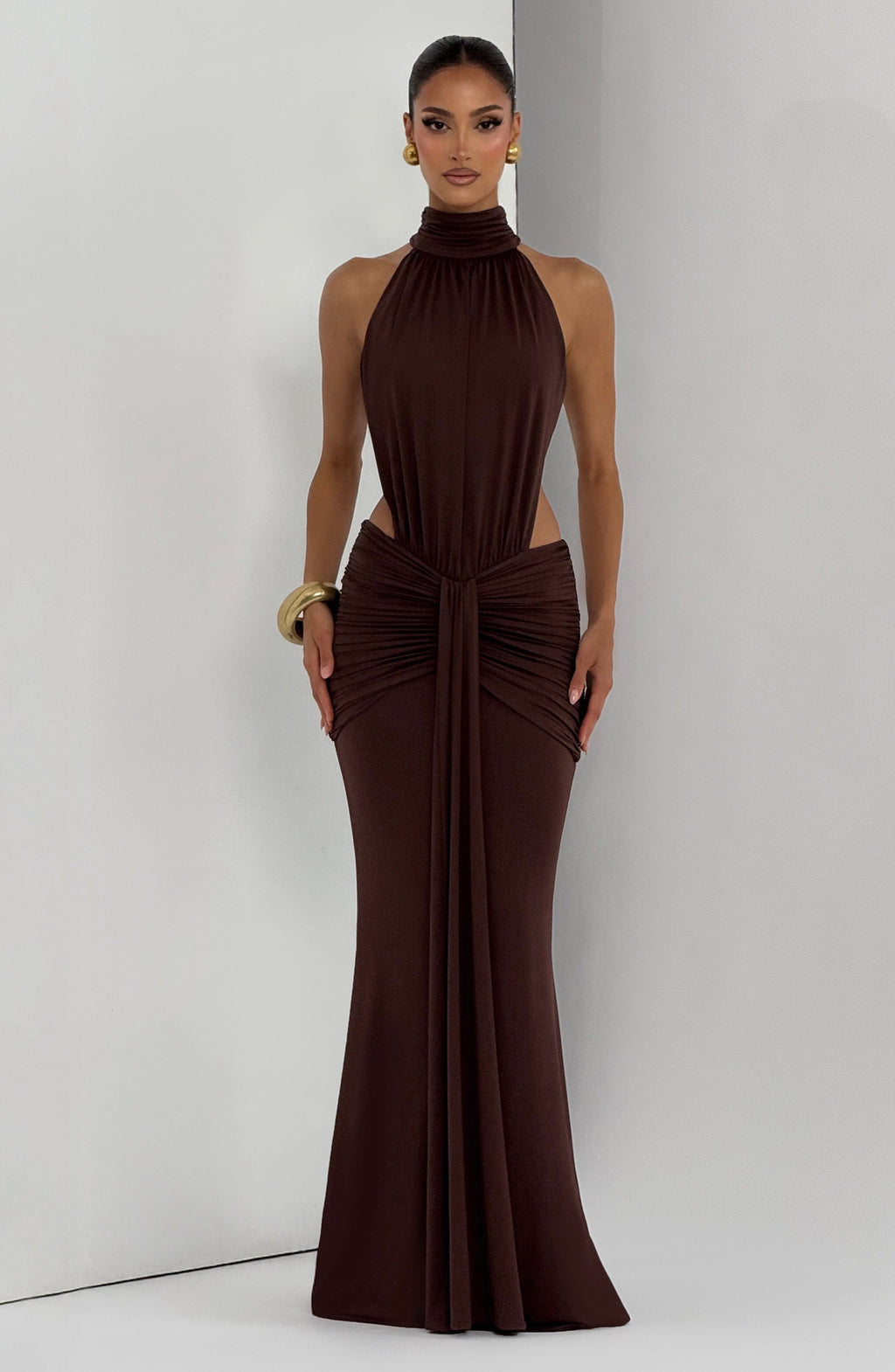 Ayla High Neck Maxi Dress - Plum Brown