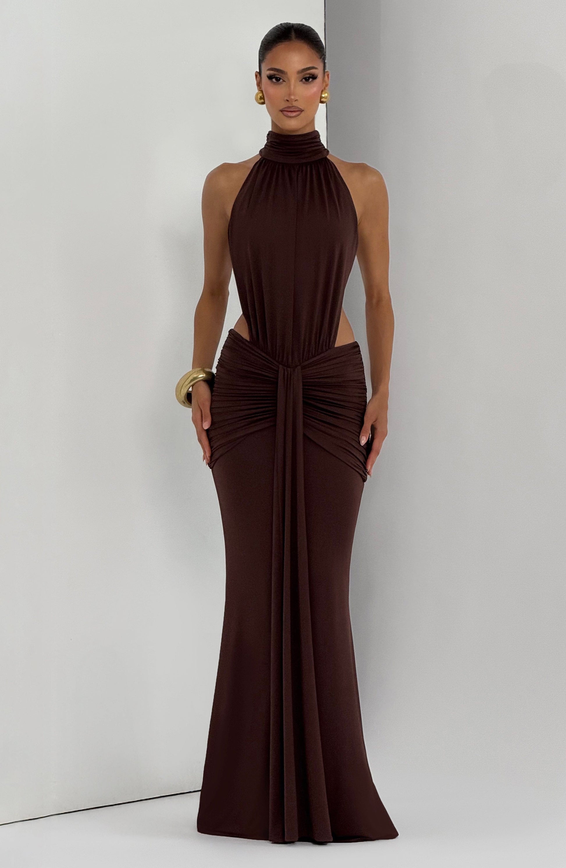 Ayla High Neck Maxi Dress - Plum Brown