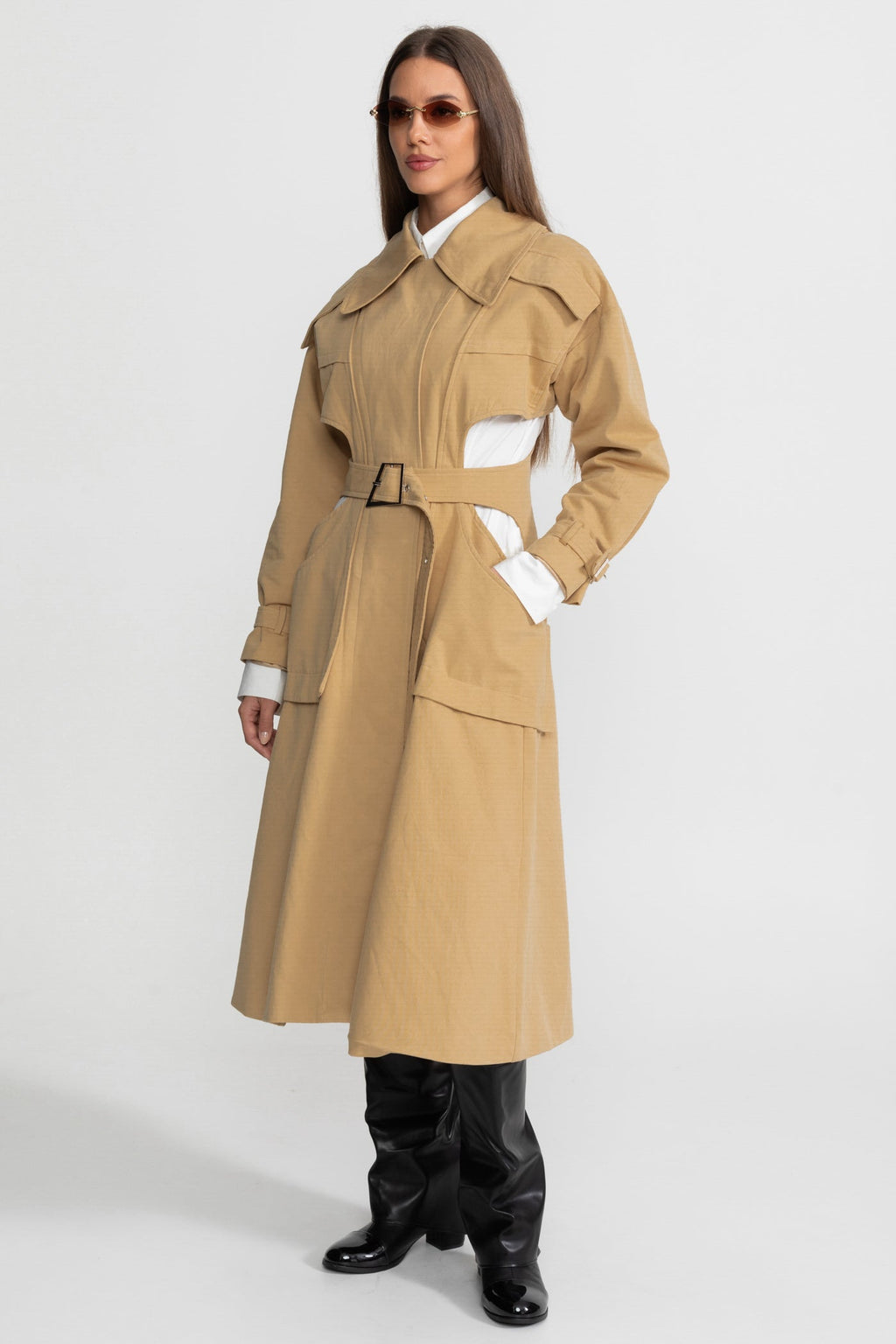 Cutout Trench Coat with Belted Waist and Utility Pockets - Beige
