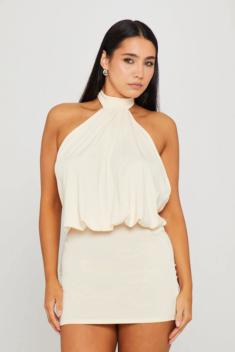 Cream Halter High Neck Open Back Mini Dress