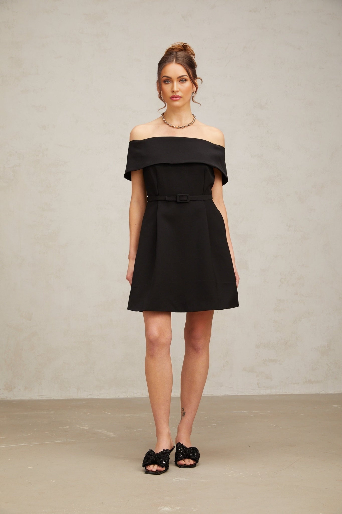 Raina -  Black Off-Shoulder Belted Mini Dress