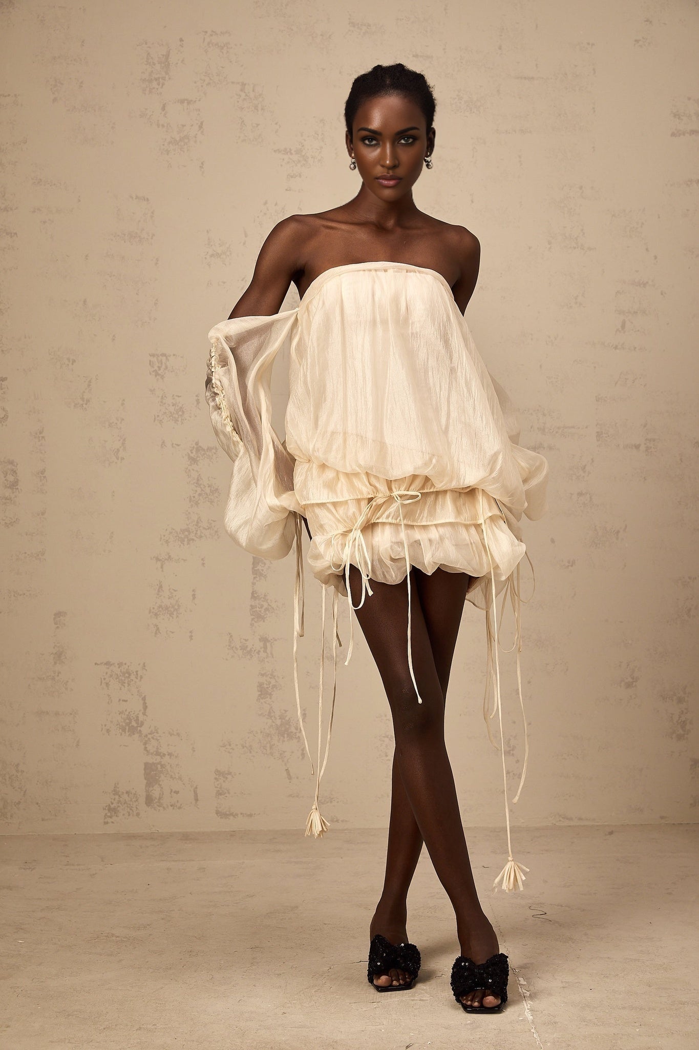 Amaya - Off-Shoulder Champagne Mini Dress