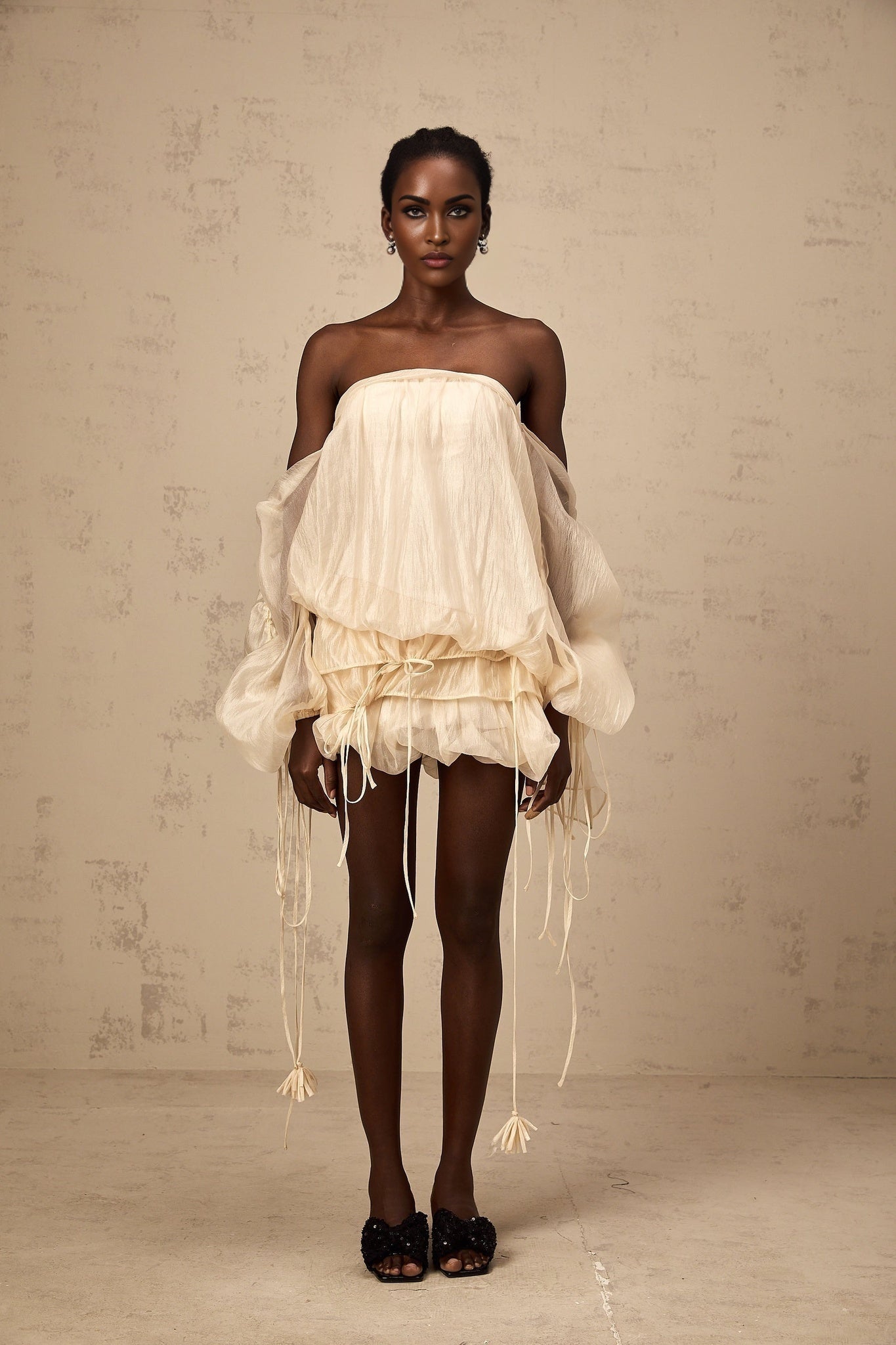 Amaya - Off-Shoulder Champagne Mini Dress